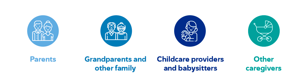 Icons showing parents, grandparents, childcare providers and babysitters and other caregivers. 