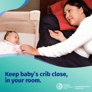A mother reaching out to her child in bed. Words displaying keep bab's crib close in your room. 