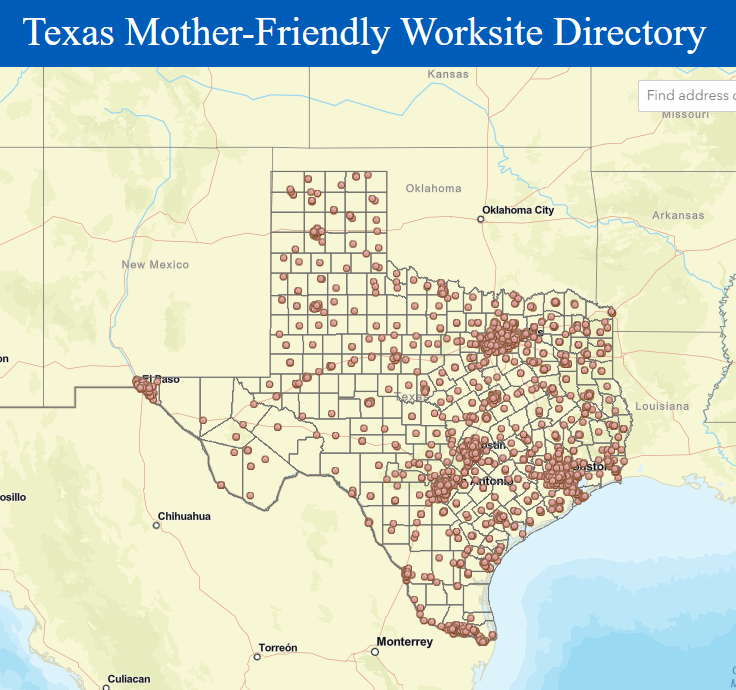 Mapa de Directorio de Lugares de Trabajo que Apoyan a las Mamás en Texas