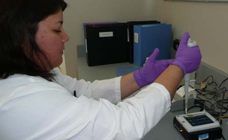 Photo of a Consumer Microbiology Milk Analyst testing a milk sample for the presence of antibiotics.